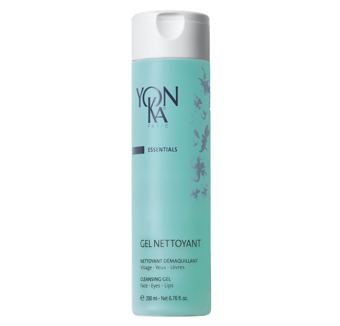 Turquoise Yon-Ka Essentials cleansing gel bottle with white cap and floral design.
