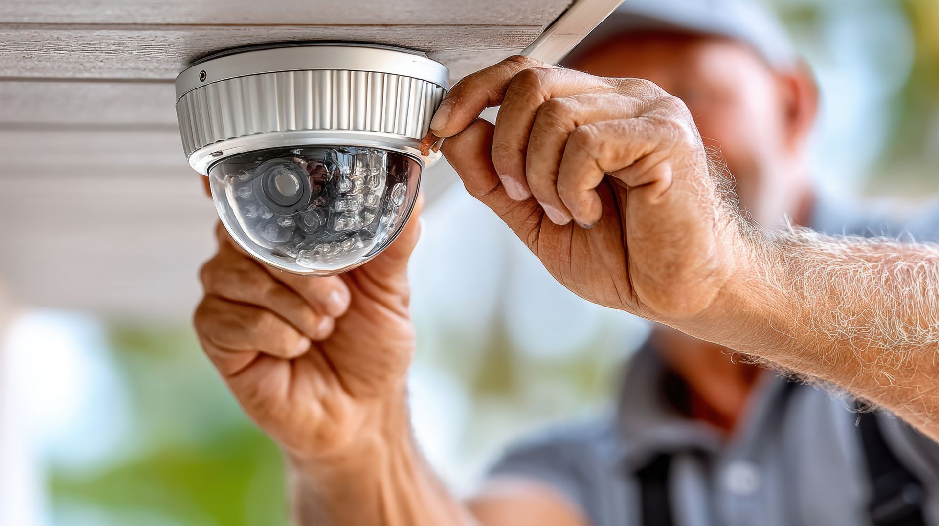 A home security system installer mounting a white dome security camera onto a residential ceiling/