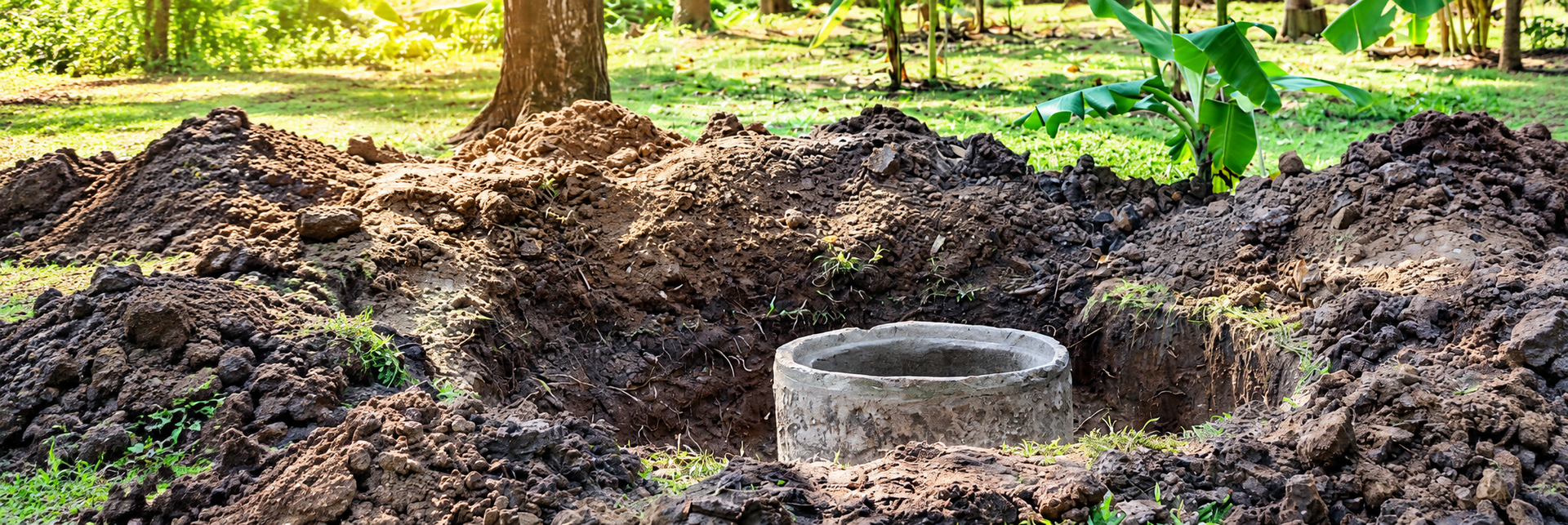 Concrete water well surrounded by dirt mounds in a grassy yard under trees