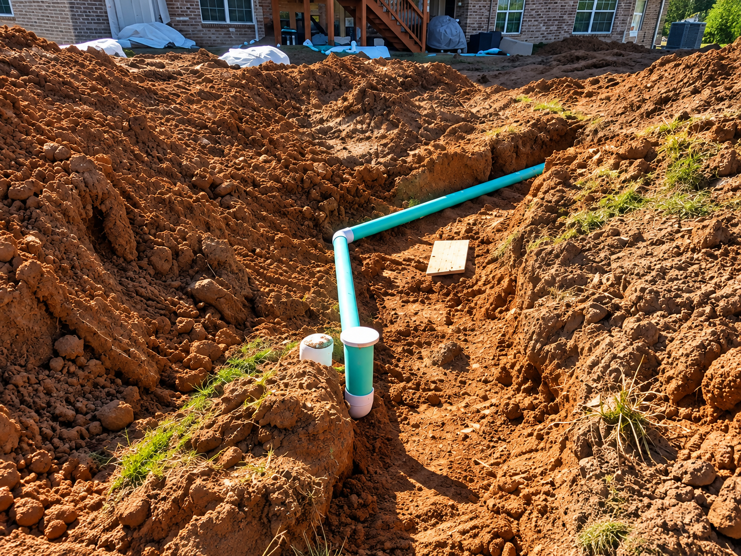 Bright blue pipe in a dirt trench at a construction site, with a house and fence in the background