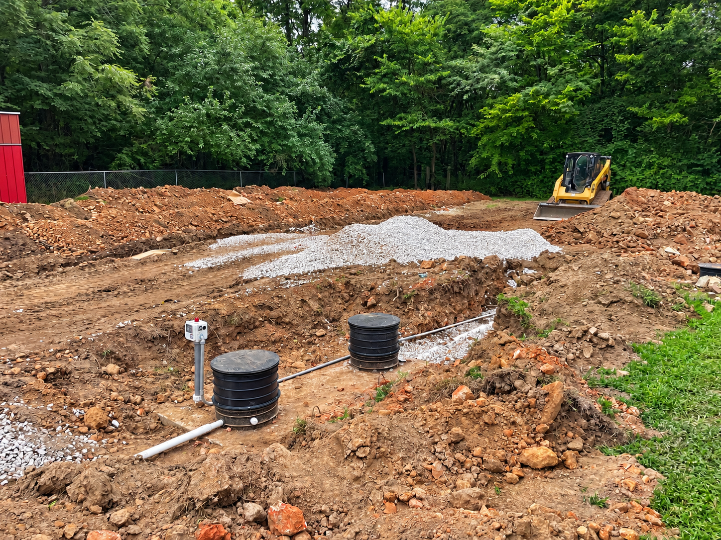 Excavated construction site with dirt mounds, gravel, pipes, and a small digger near trees