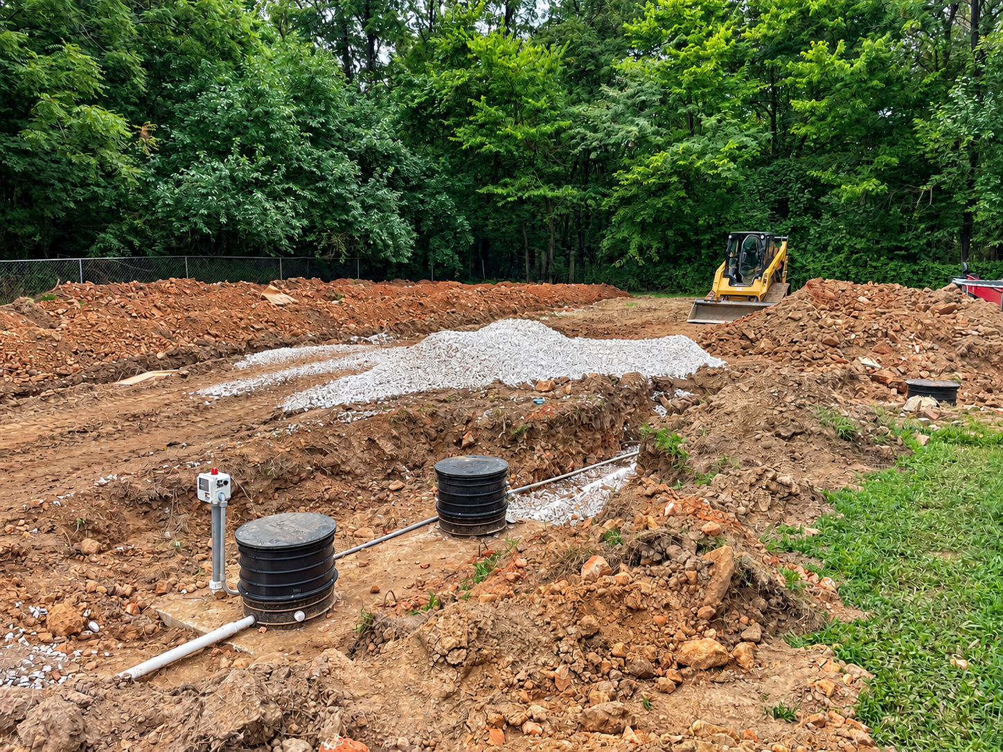 Construction site with excavated dirt, drainage pipes, and a small excavator near a wooded area