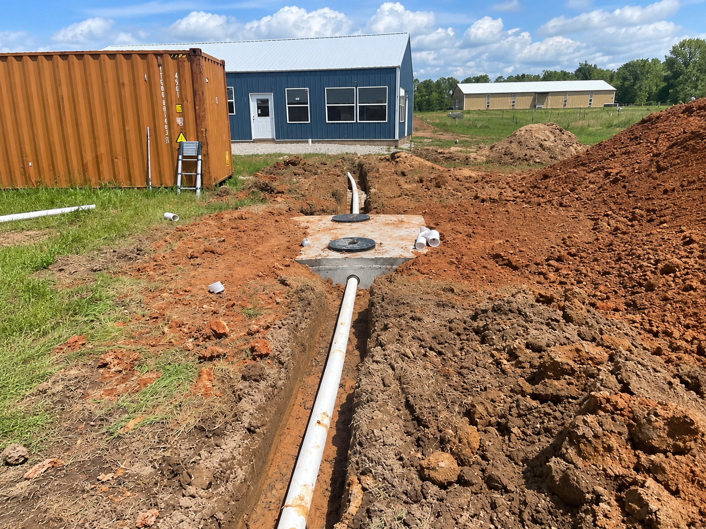 Construction trench with white pipe leading to a gray building, surrounded by red dirt piles under a blue sky.