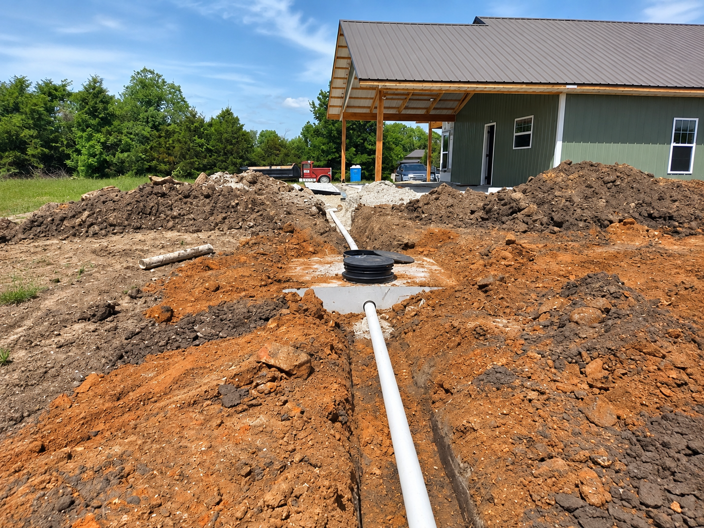 PVC pipe trench at a house under construction, with dirt piles and a covered porch area.