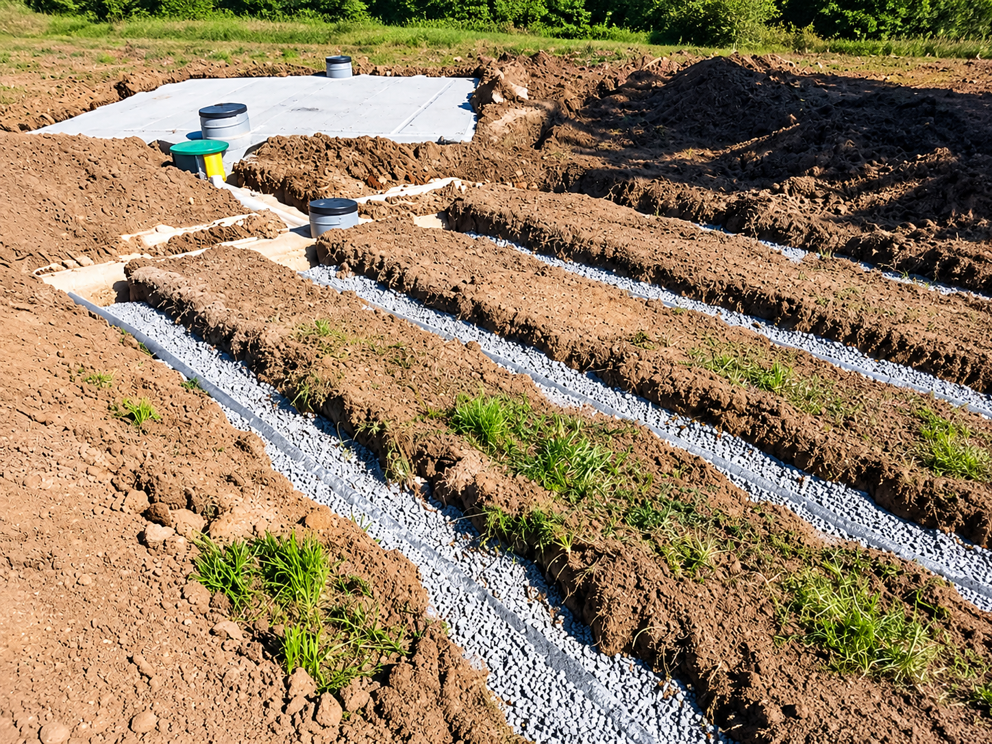 Freshly laid gravel trenches in a dirt field, with white tarp and a small blue-green container near the top left.