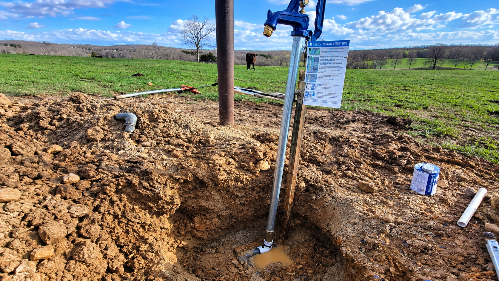 Digging site in a field with a deep hole, soil pile, and a metal post with a blue tool attached