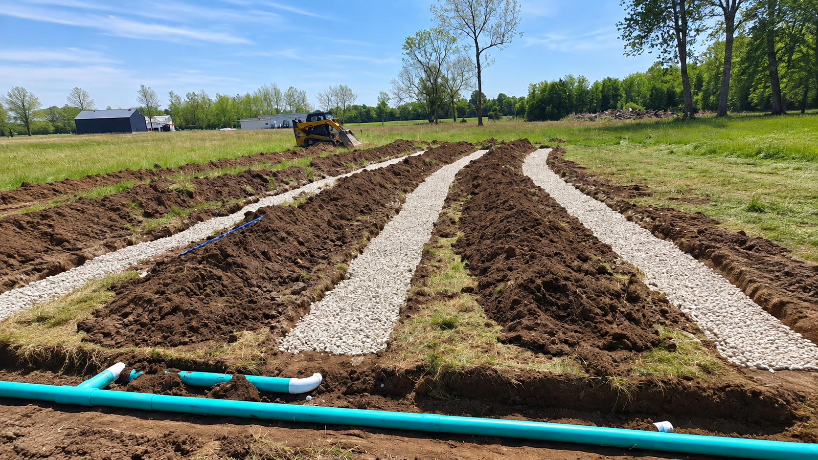 Freshly tilled garden rows with white gravel strips in a sunny rural field