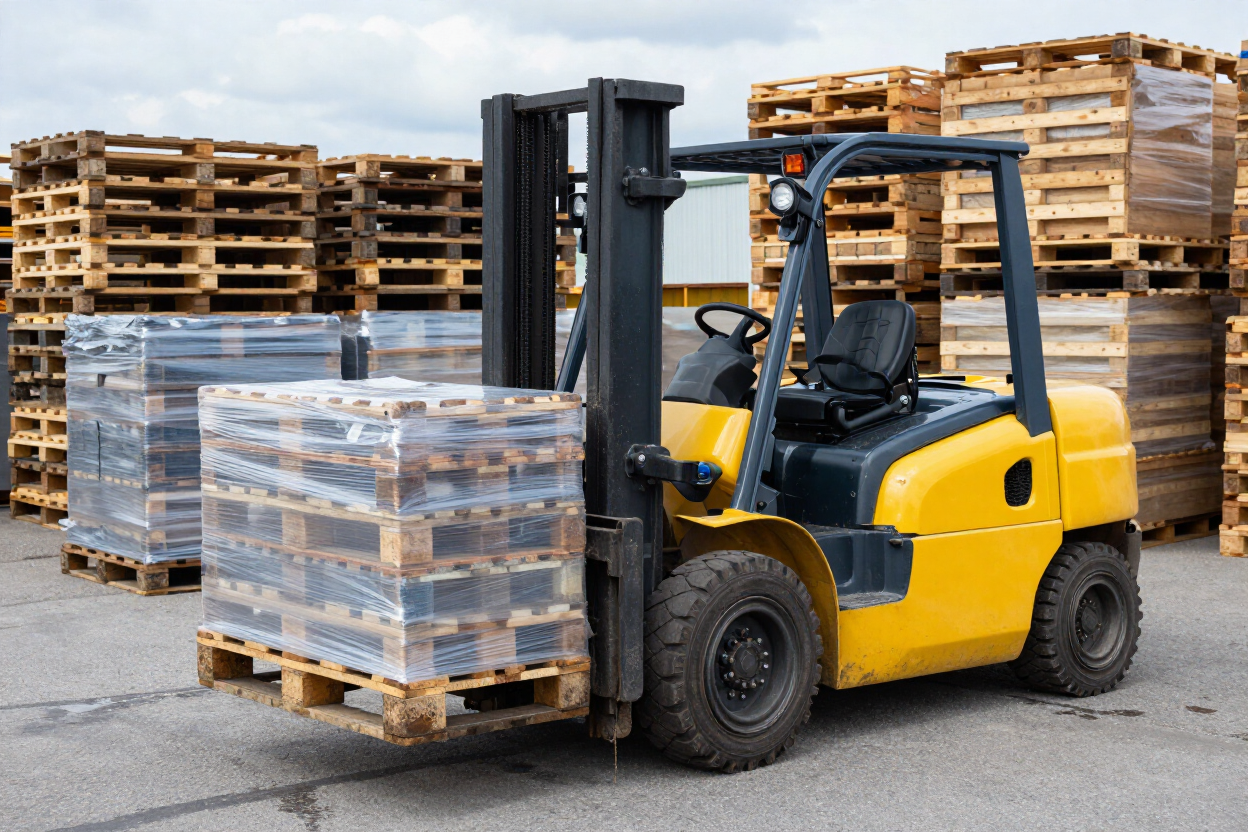 Forklift moving wrapped pallet stacks