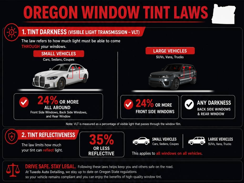 Infographic on Oregon window tint laws showing legal tint percentages for passenger and commercial vehicles.