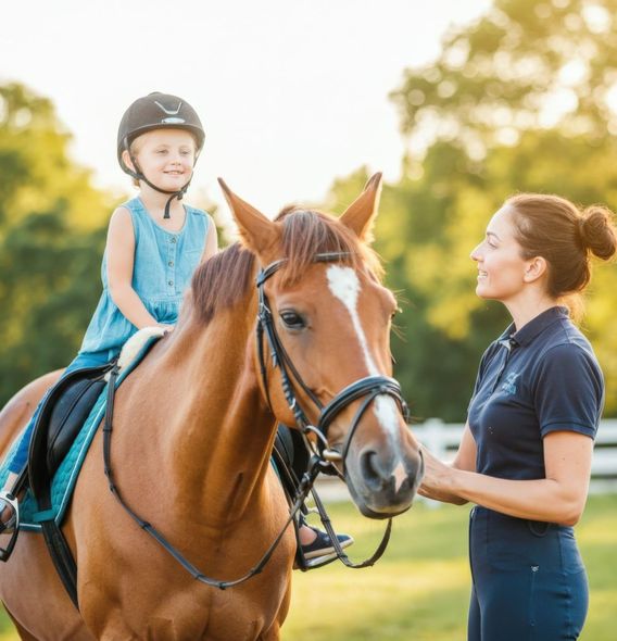 A little girl is riding a brown horse next to a woman.