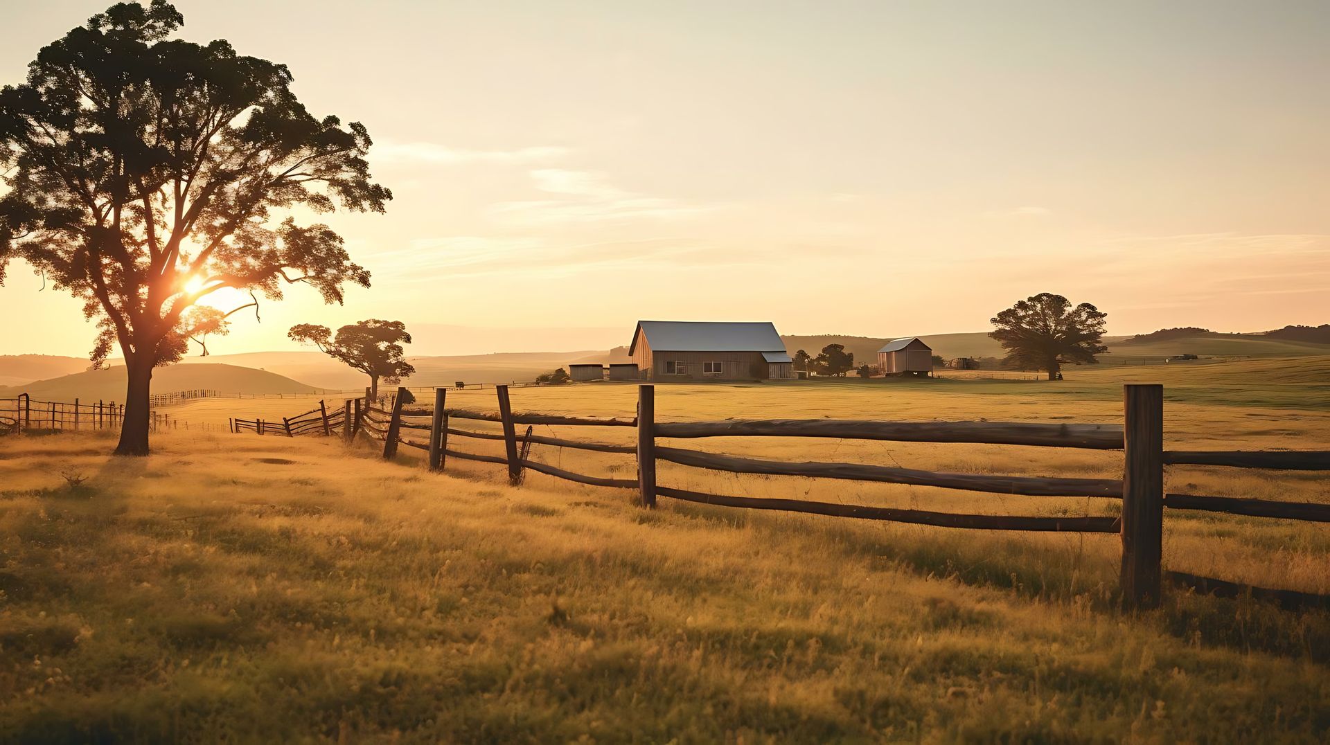 A wooden fence surrounds a grassy field with a barn in the background at sunset.