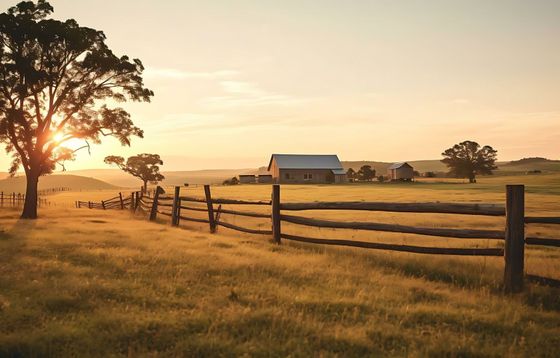 A wooden fence surrounds a field with a barn in the background at sunset.