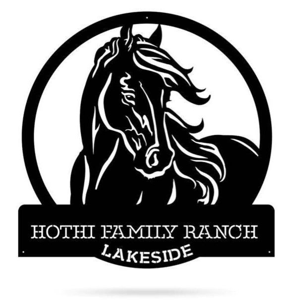 A black and white horse head in a circle with the name hothi family ranch lakeside on it.