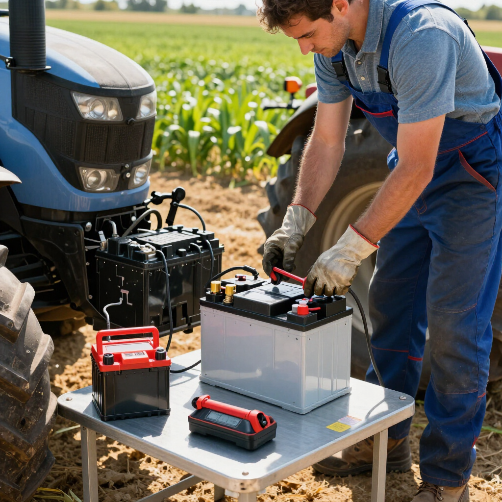 Un mecánico prueba la batería de un tractor sobre una mesa pequeña en un campo, con herramientas y equipos cerca.