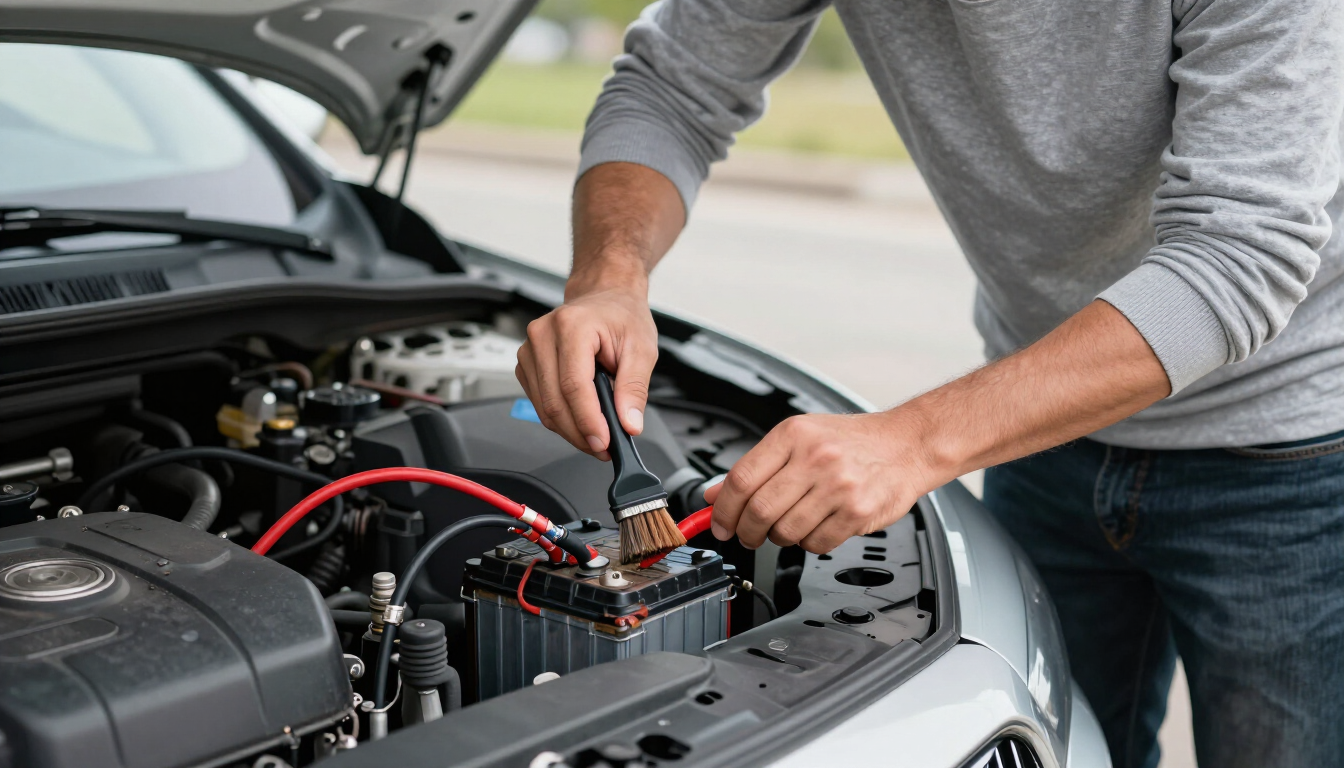 Persona cargando la batería de un coche con cables de arranque bajo el capó abierto del vehículo.