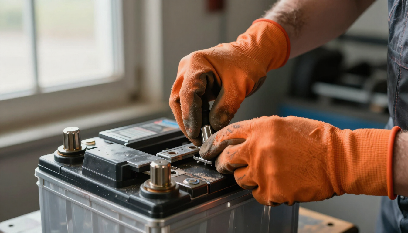 Técnico realizando el mantenimiento de una batería automotriz