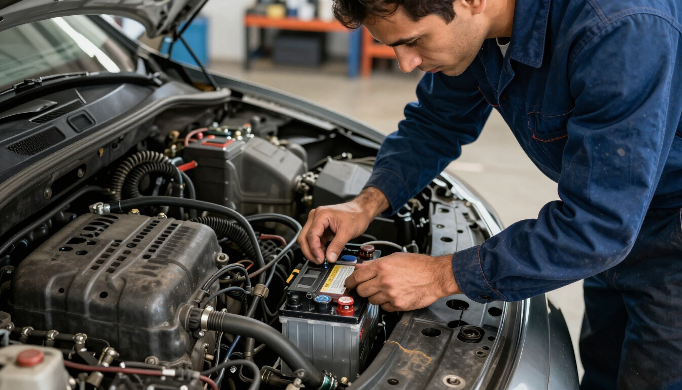 Técnico revisando una batería de automóvil