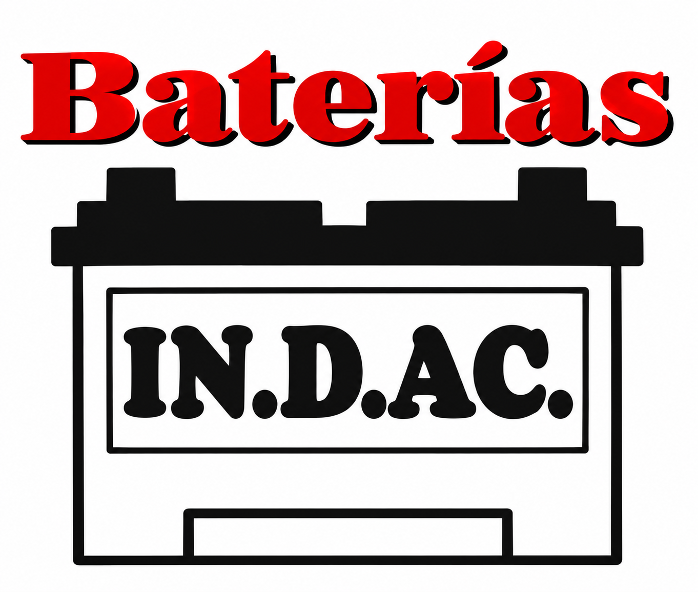 Logotipo de una batería con las etiquetas “Baterías” e “IN.DAC” en rojo, negro y blanco.