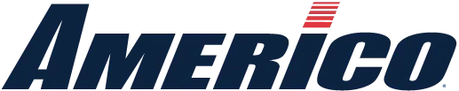 Americo logo in dark blue with red stripes above the lettering