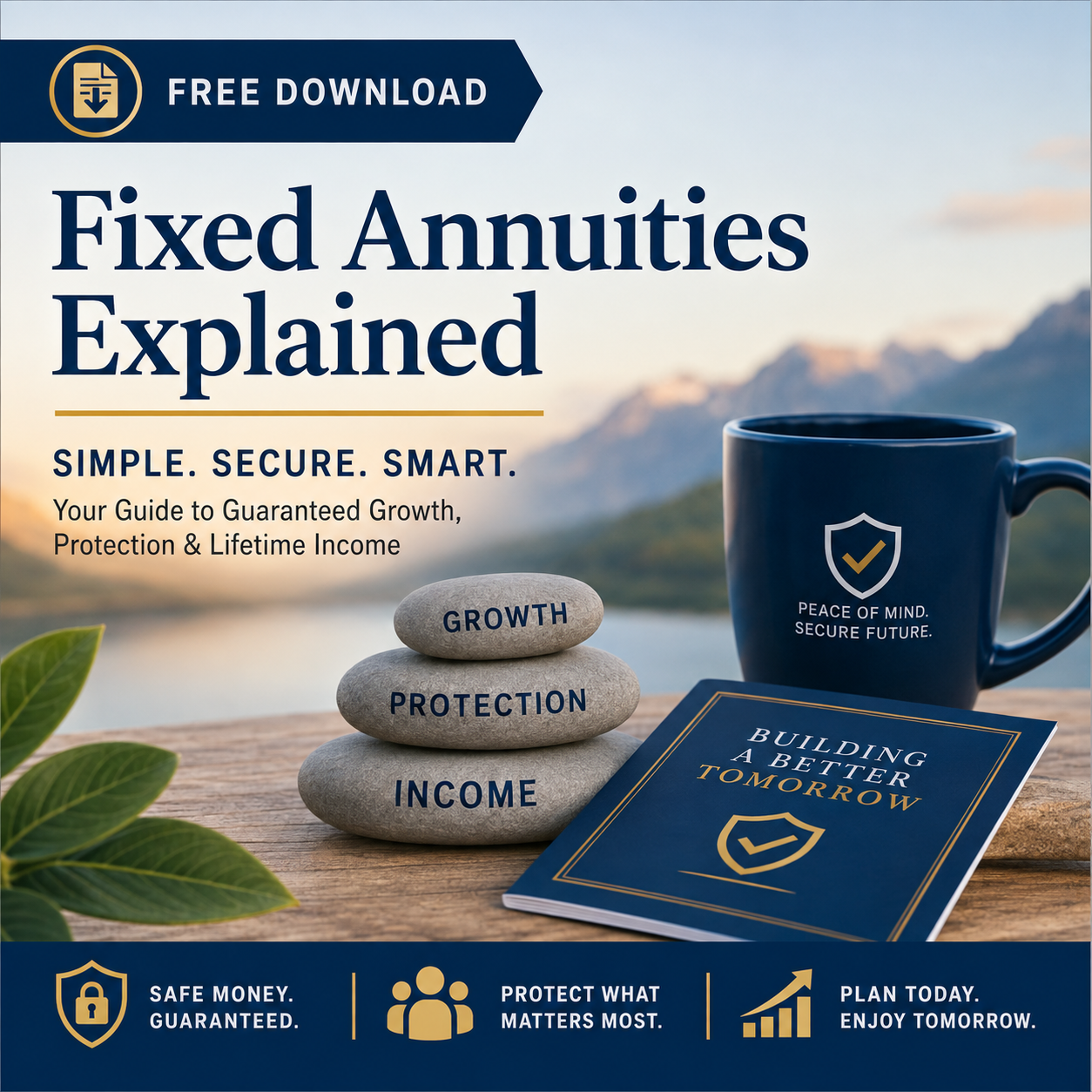 Fixed annuities promotional graphic with brochure, rocks labeled growth, protection, and income