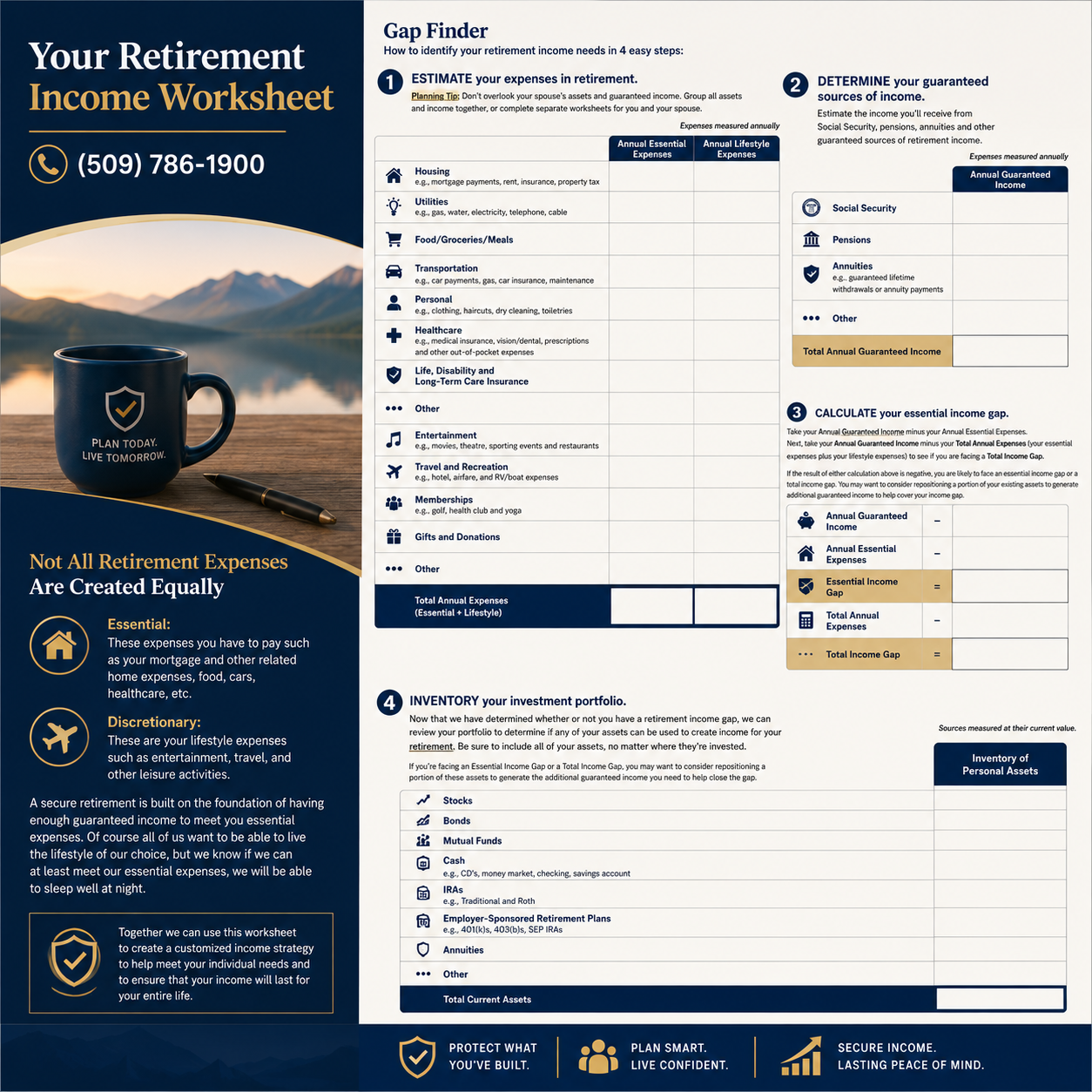 Retirement income worksheet with coffee mug, mountain backdrop, and checklist panels on navy and white layout