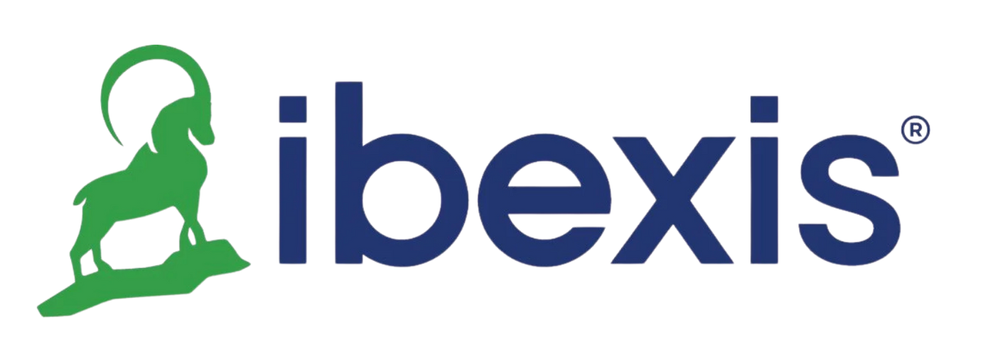 Ibexis logo with green ibex silhouette and blue wordmark on white background