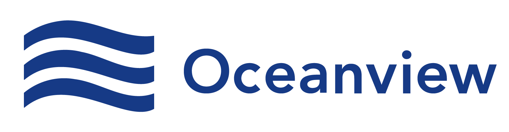 Oceanview logo with blue wave icon and blue text on a white background