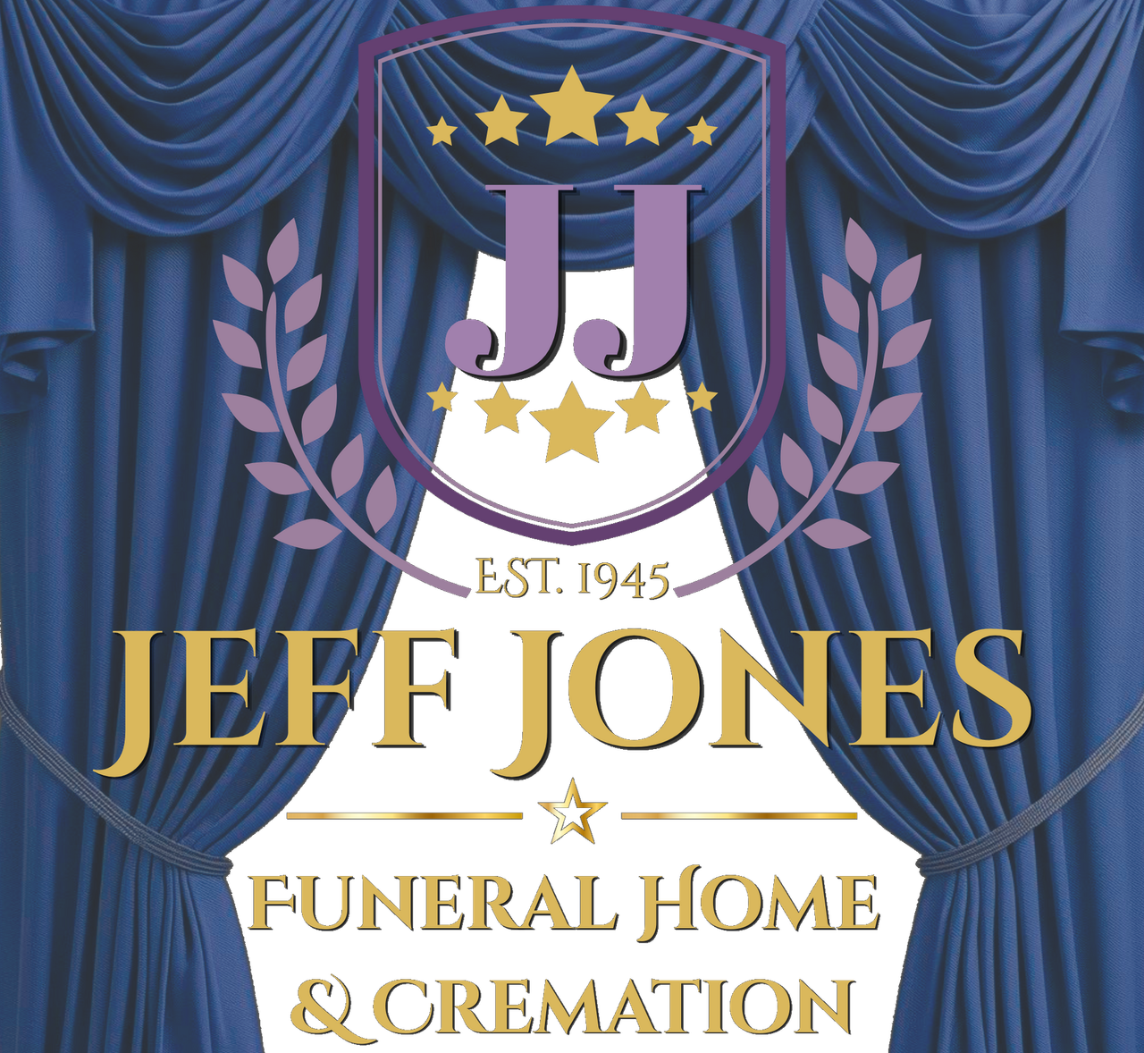 Logo for Jeff Jones Funeral Home & Cremation featuring a purple shield, gold stars, and text against blue curtains.