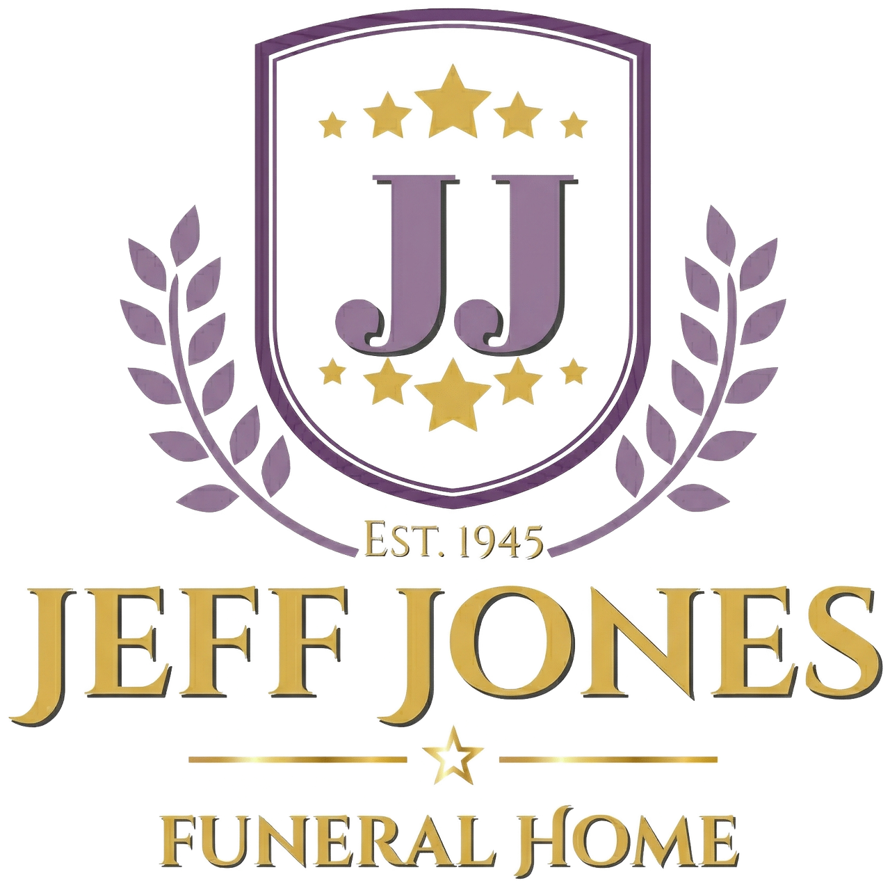 Logo for Jeff Jones Funeral Home: a purple shield with "JJ," gold stars, and laurel branches, dated "EST. 1945."