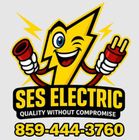 SES Electric logo with lightning bolt mascot, slogan, and phone number 859-444-3760