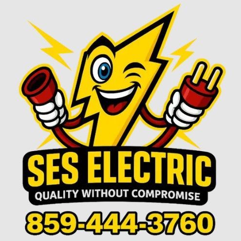 SES Electric logo with lightning bolt mascot, slogan, and phone number 859-444-3760