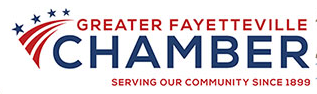Logo for Greater Fayetteville Chamber, with red and blue elements and text