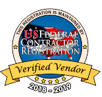 US Federal Contractor Registration badge: Verified Vendor, 2018-2019, with US map graphic.