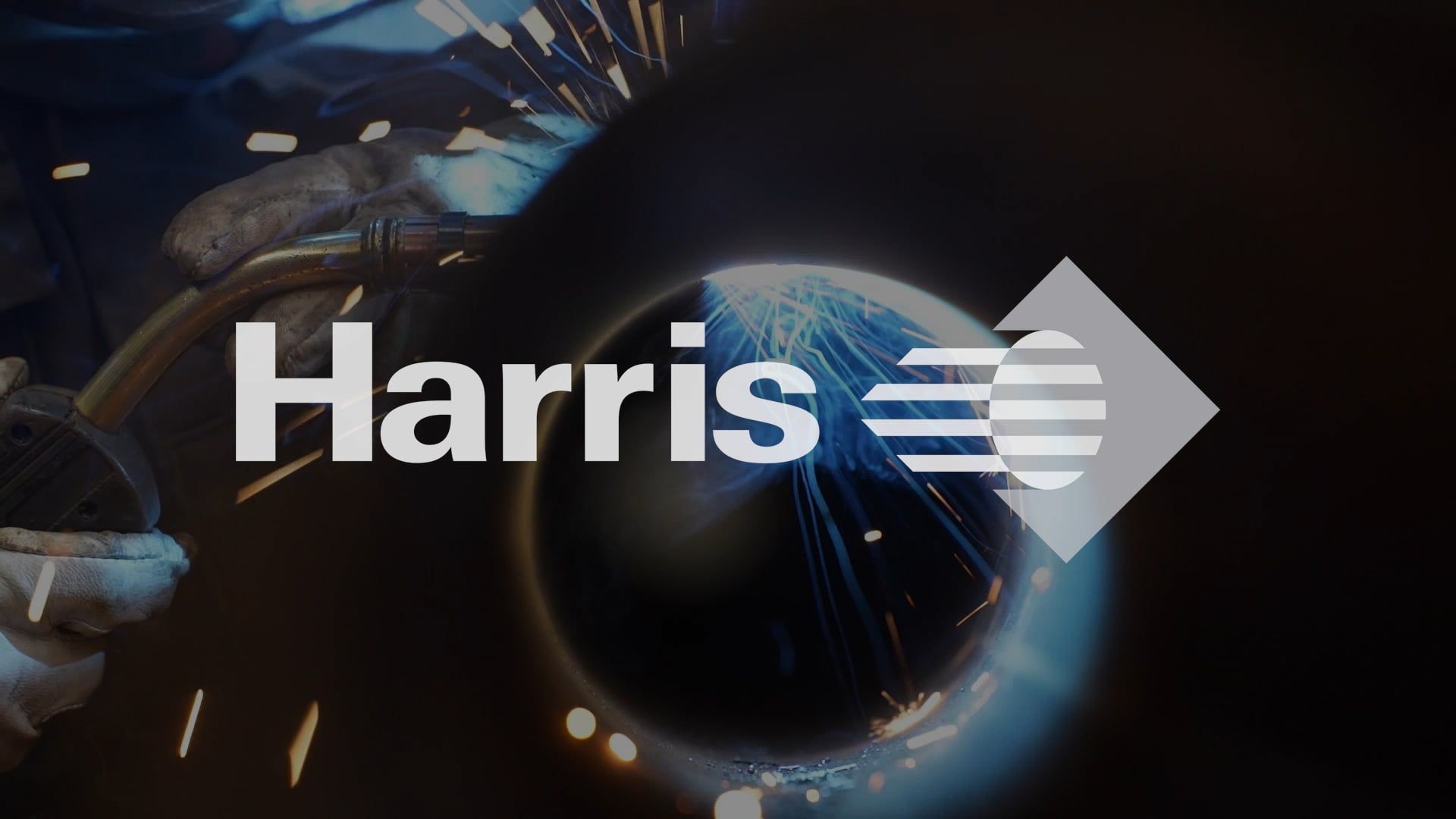 Harris logo over a welding scene with sparks and a dark circular shape.