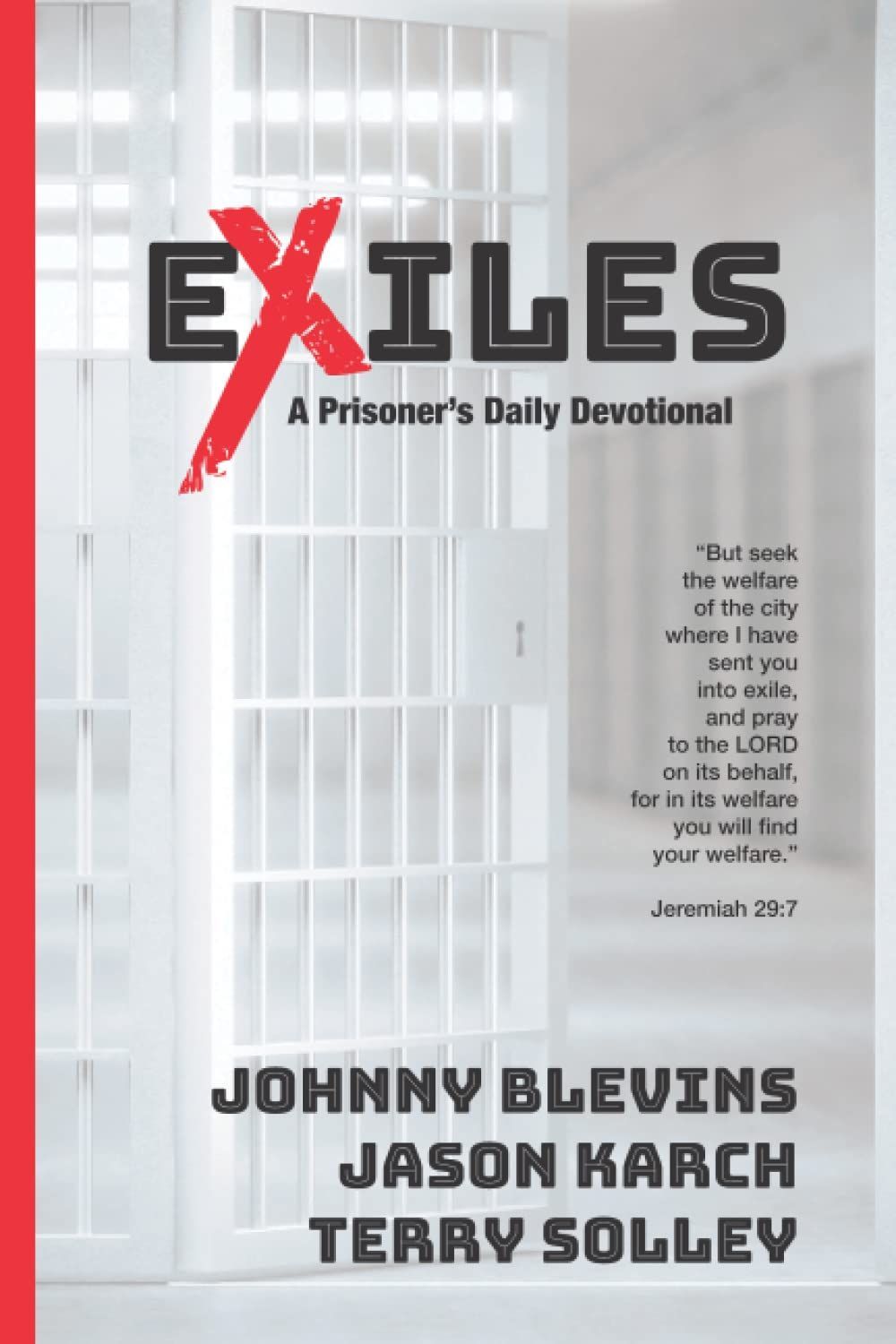 Book cover titled “EXILES” with red spine and abstract black circular line art on a white background