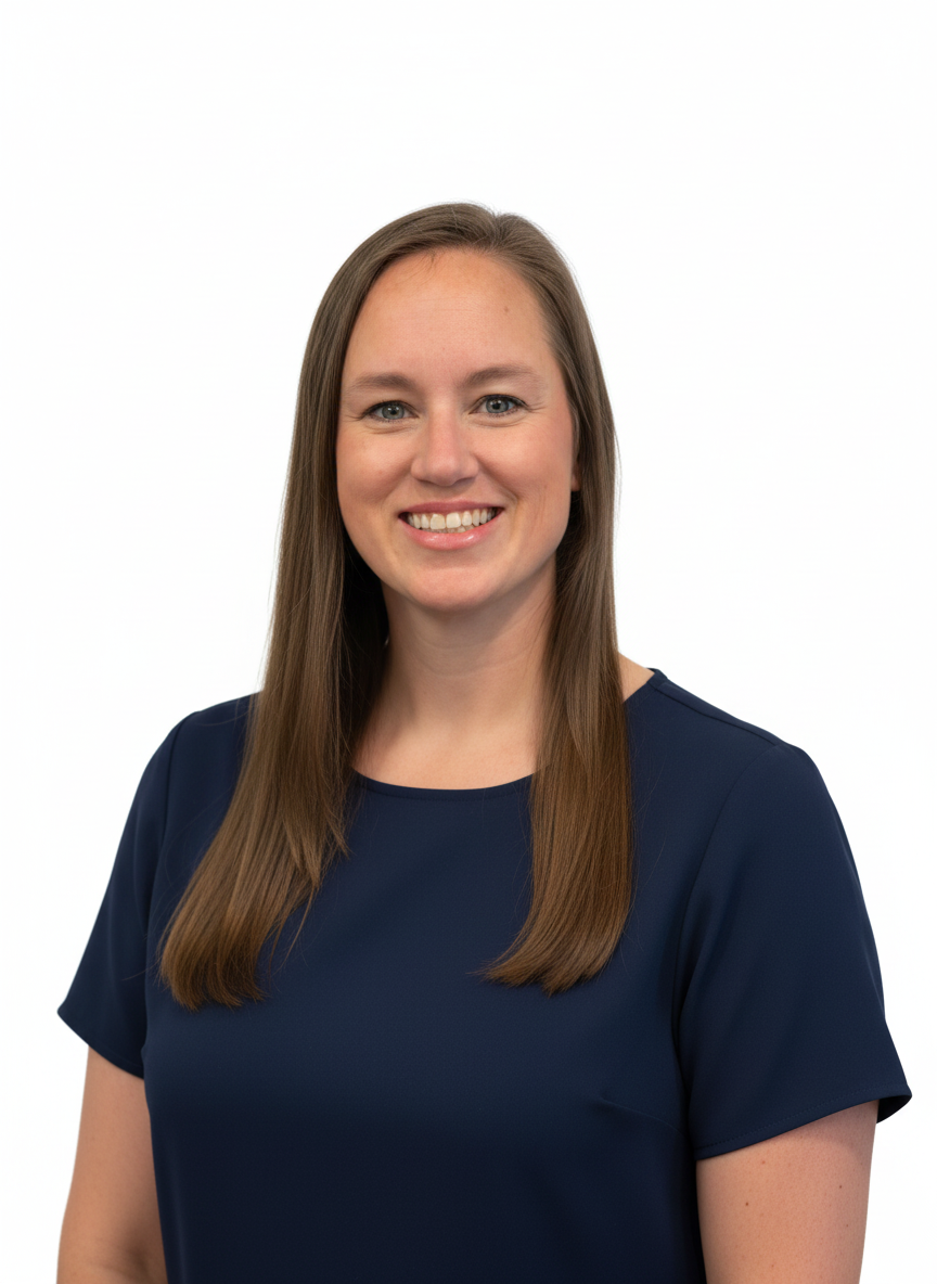 Smiling woman in a navy top against a white background