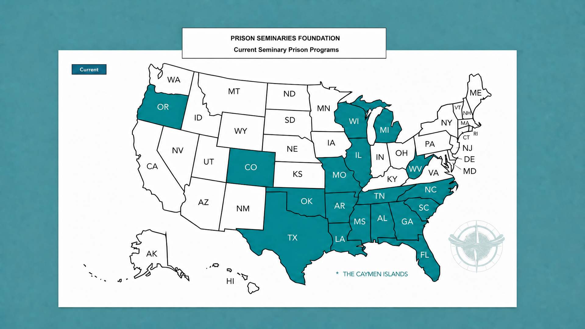 US map color-coded in teal, yellow, and white with state labels and a small legend.