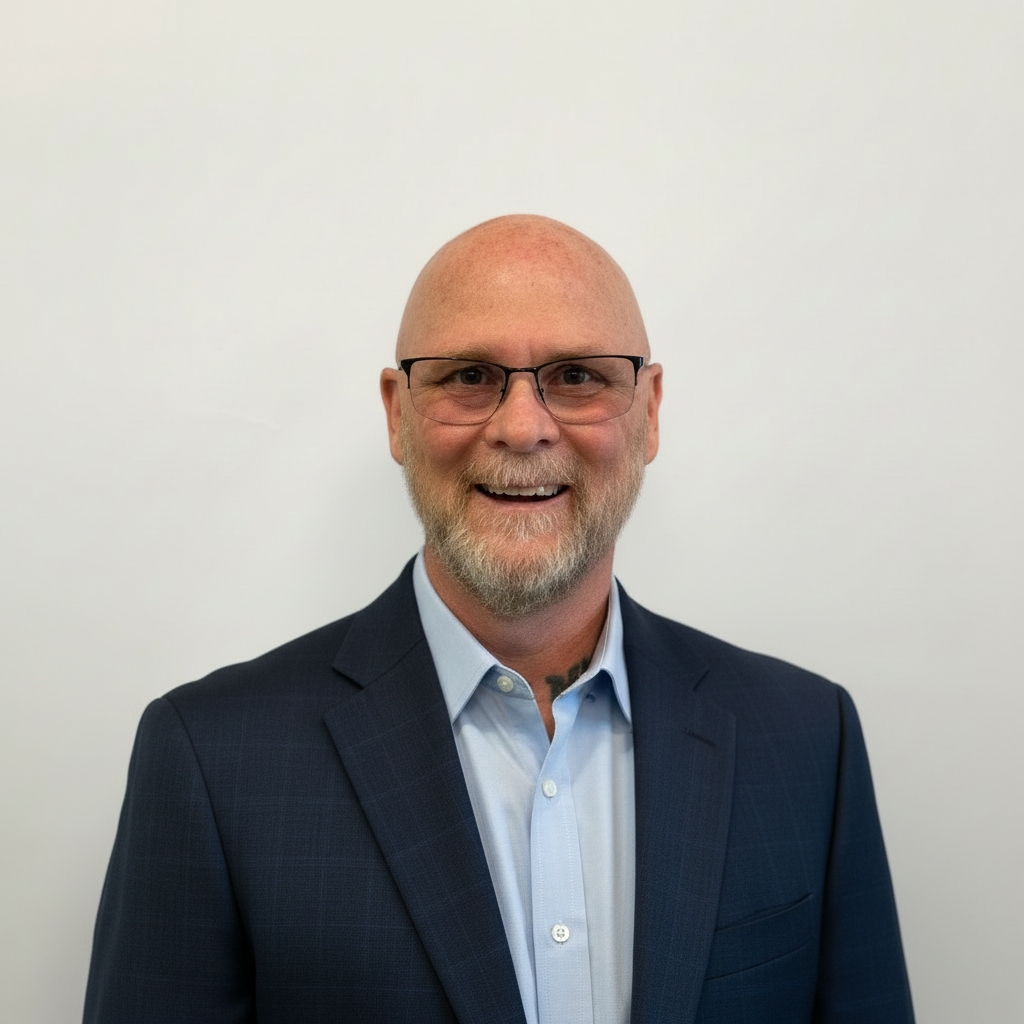 Smiling bald man with glasses in a navy blazer and light blue shirt against a plain white background