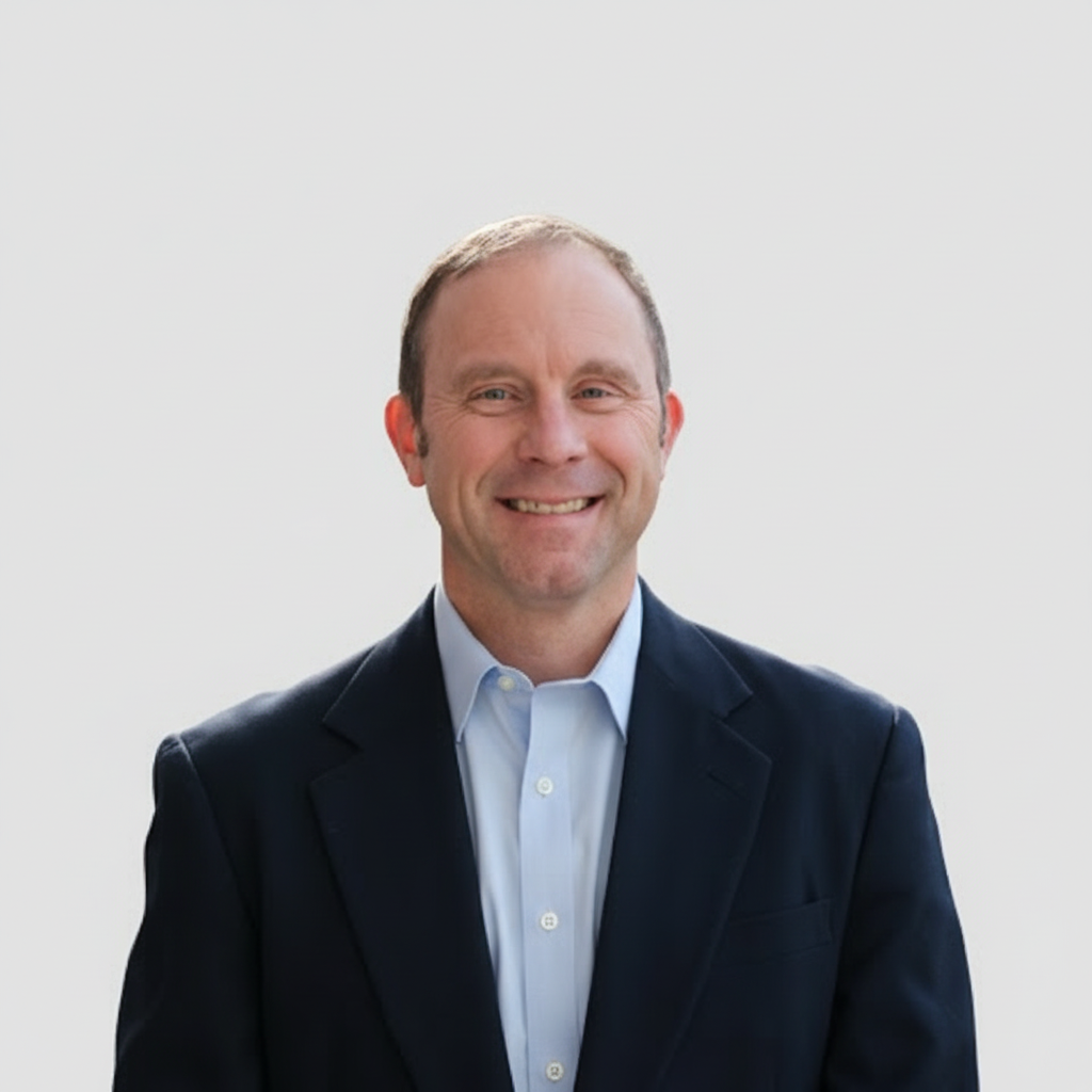 Smiling man in a navy blazer and light blue shirt against a plain light background