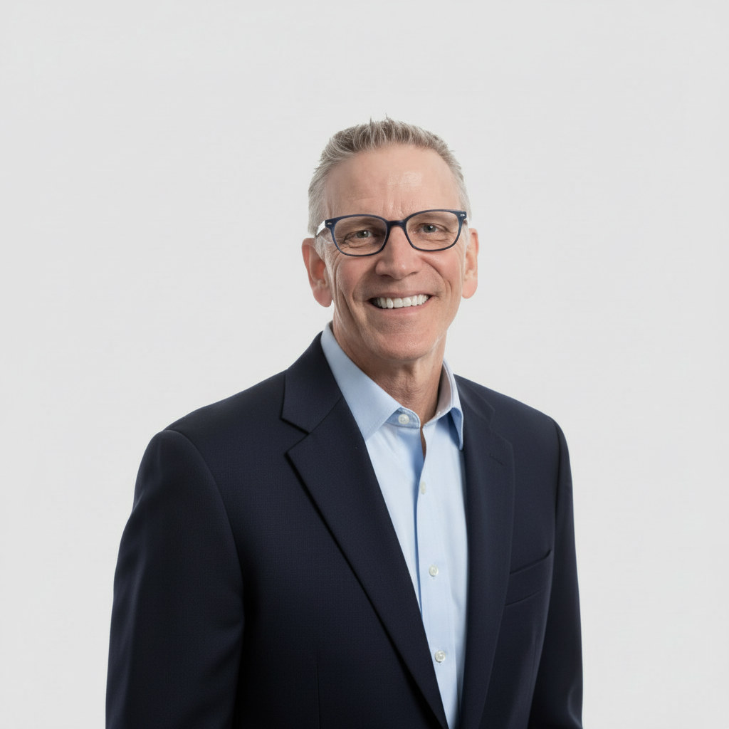 Smiling man in glasses wearing a navy blazer and light blue shirt against a white background