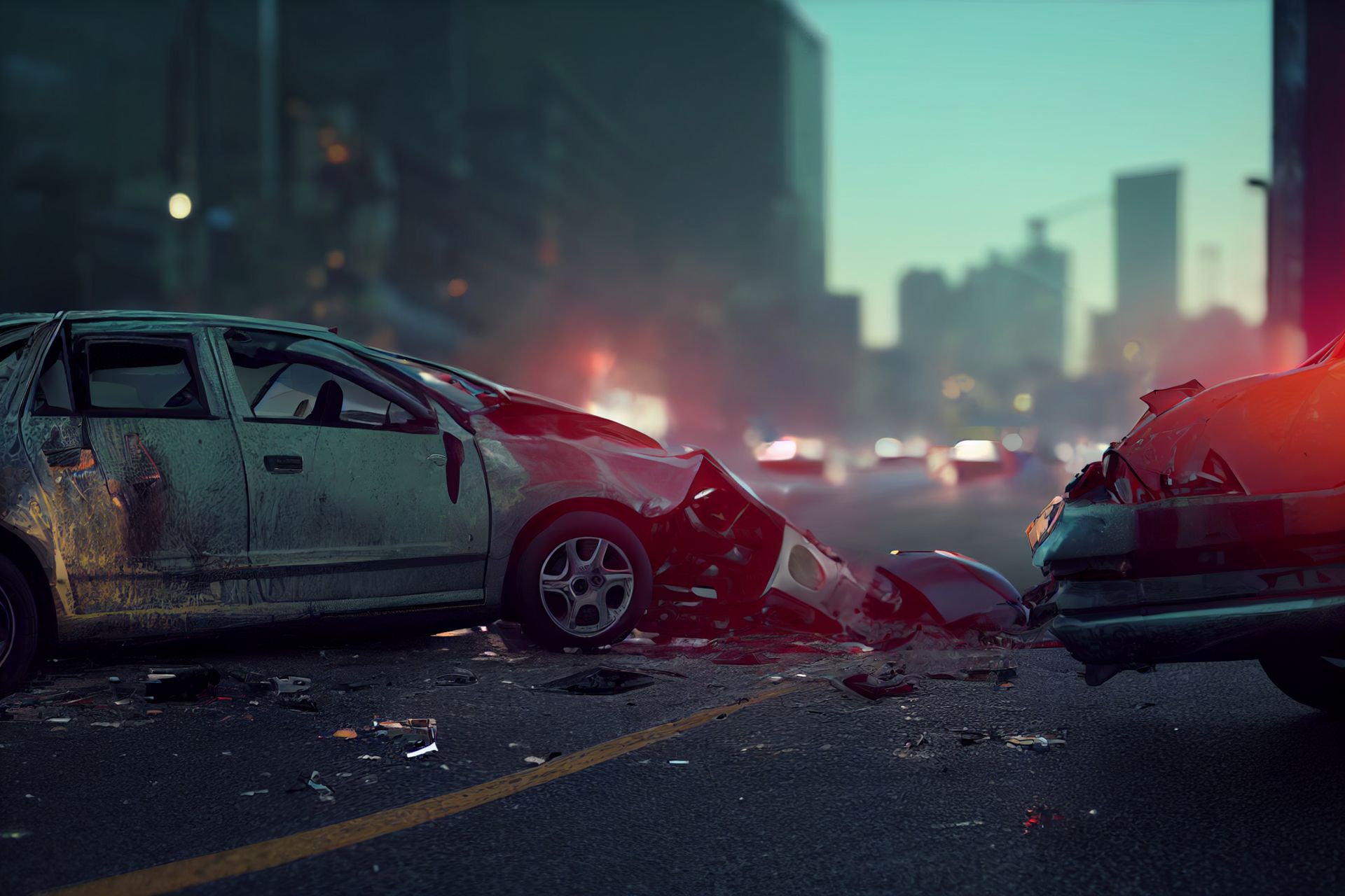 Two cars are involved in a car accident on a city street.
