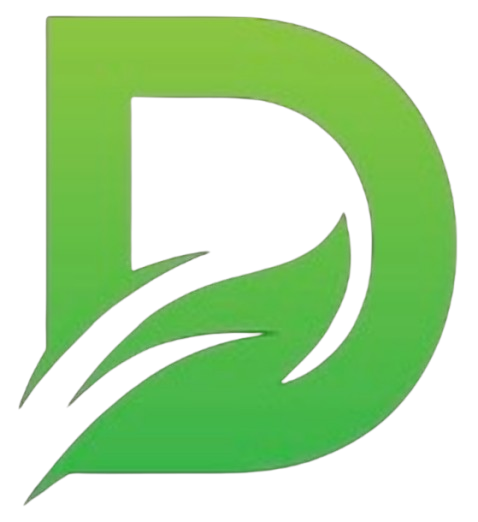 Green gradient logo featuring a letter "D" with a leaf-like cutout.