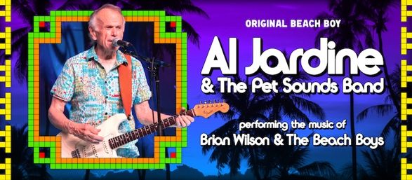 Al Jardine singing with guitar beside “The Pet Sounds Band” poster, purple background, colorful frame