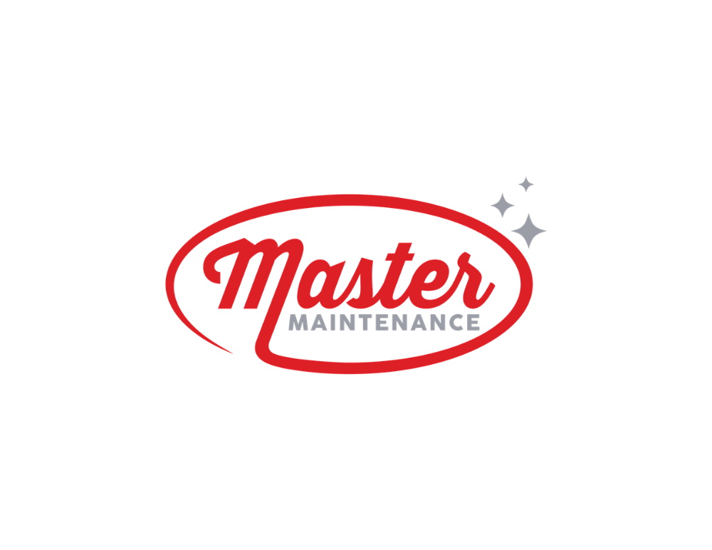 Red Master Maintenance logo with sparkles on a white background