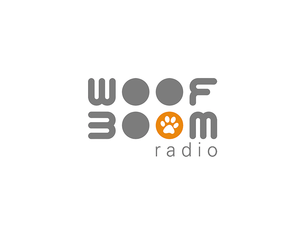 WOOF BOOM Radio logo in gray and orange, with a paw print in the center