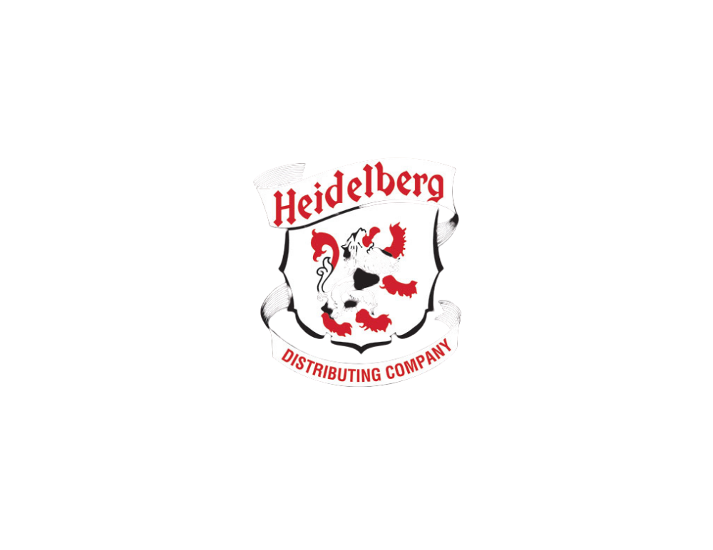 Heidelberg Distributing Company logo with red script and a white shield emblem on a white background