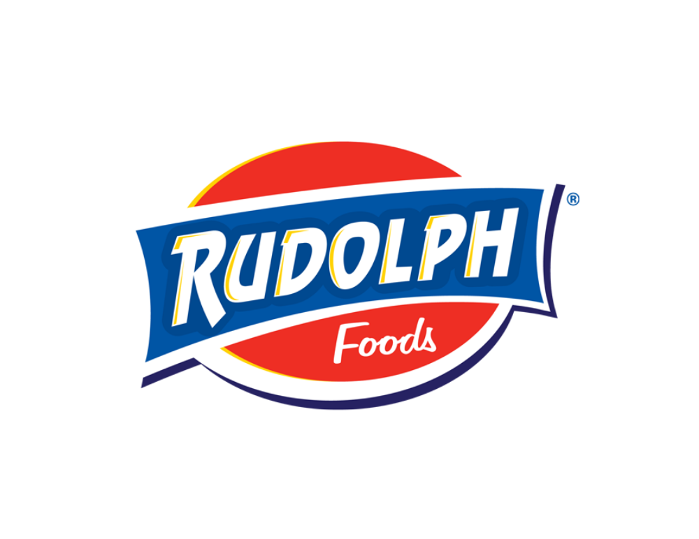 The Rudolph Foods logo featuring blue text on a curved banner over a red oval background.