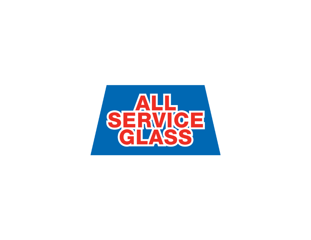 Blue trapezoid logo with red-and-white text reading “ALL SERVICE GLASS”