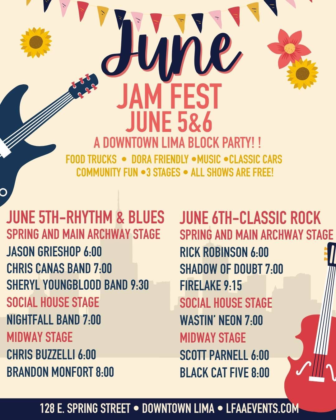 June Jam Fest 2023 poster with live music lineup, June 5-6, at downtown Limo Block Party.