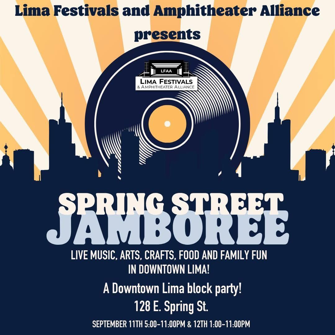 Poster for Lima Spring Street Jamboree, live music and family fun downtown on June 1st.